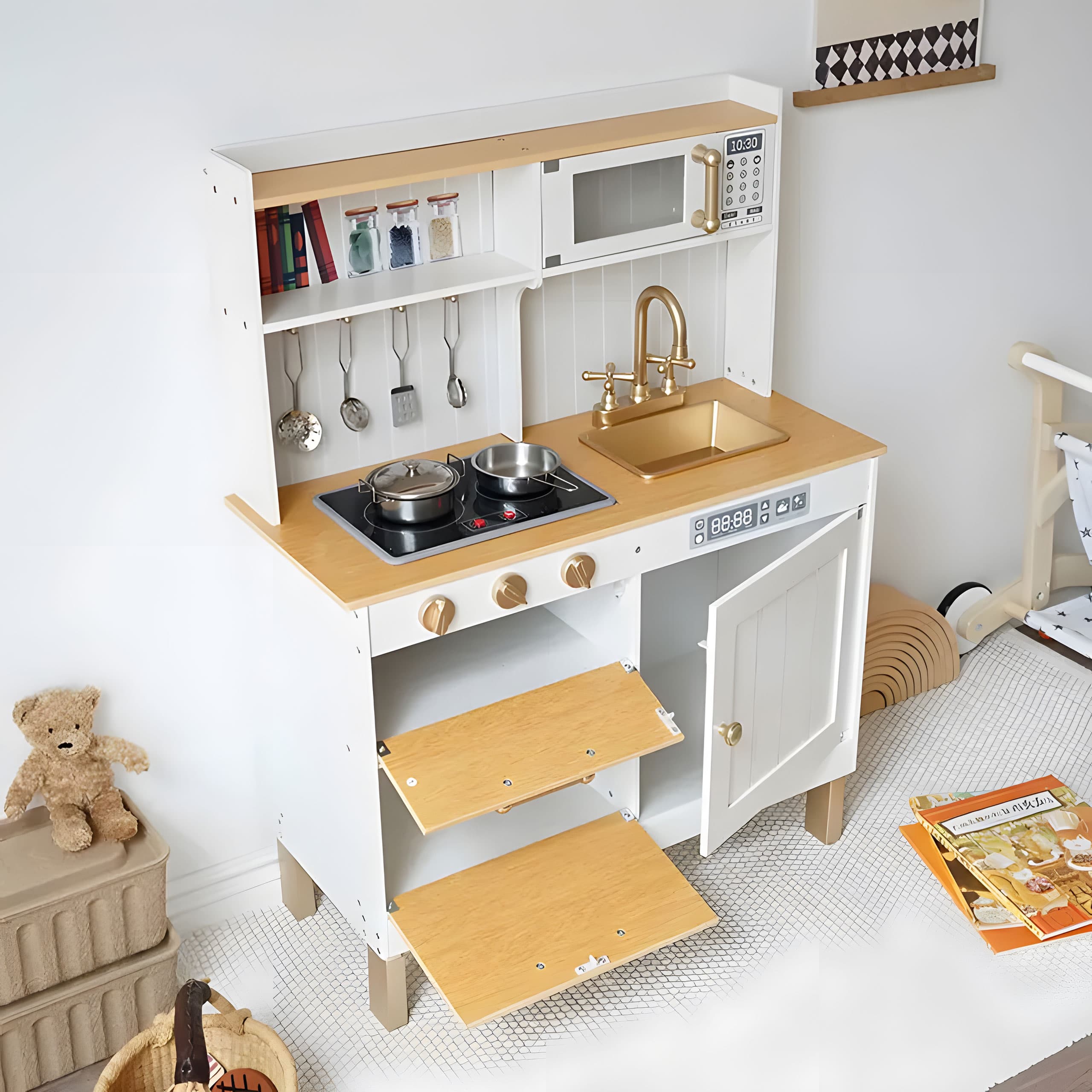Kuchnia dla dzieci z dźwiękami i LED drewniana duża ECOTOYS